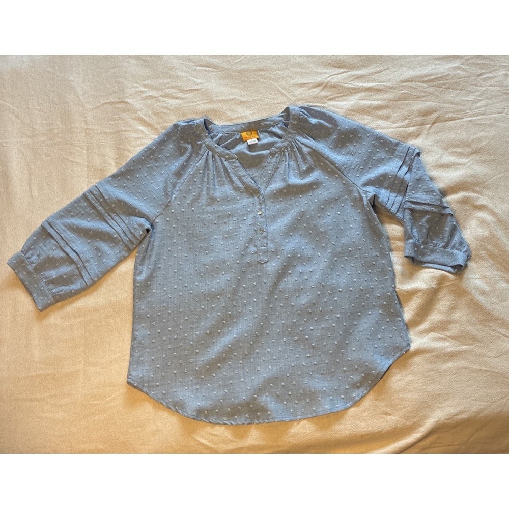 Women's Top Large Blue Swiss Dot Peasant Blouse V-Neck Relaxed Pleated Neckline‎